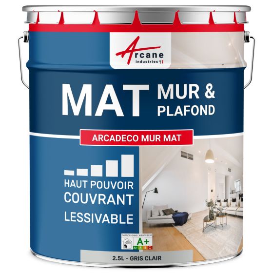 Peinture murale acrylique mate grise : ARCADÉCO MUR MAT 2.5 L - Gris Clair - RAL 7035